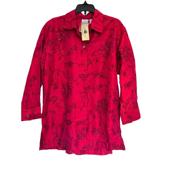 Bleu Bayou Dupioni Silk Womens Red Floral Tunic Shirt Size M Hand Embroidered - Picture 1 of 7